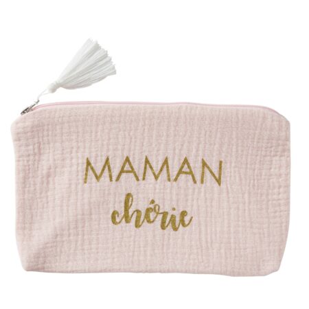 Trousse cadeau zippée “Maman chérie” gaze de coton – blush