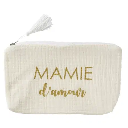 Trousse cadeau zippée “Mamie d’amour” gaze de coton – ivoire