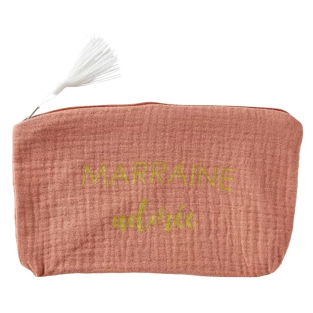 Trousse cadeau zippée “Marraine adorée” gaze de coton – marsala